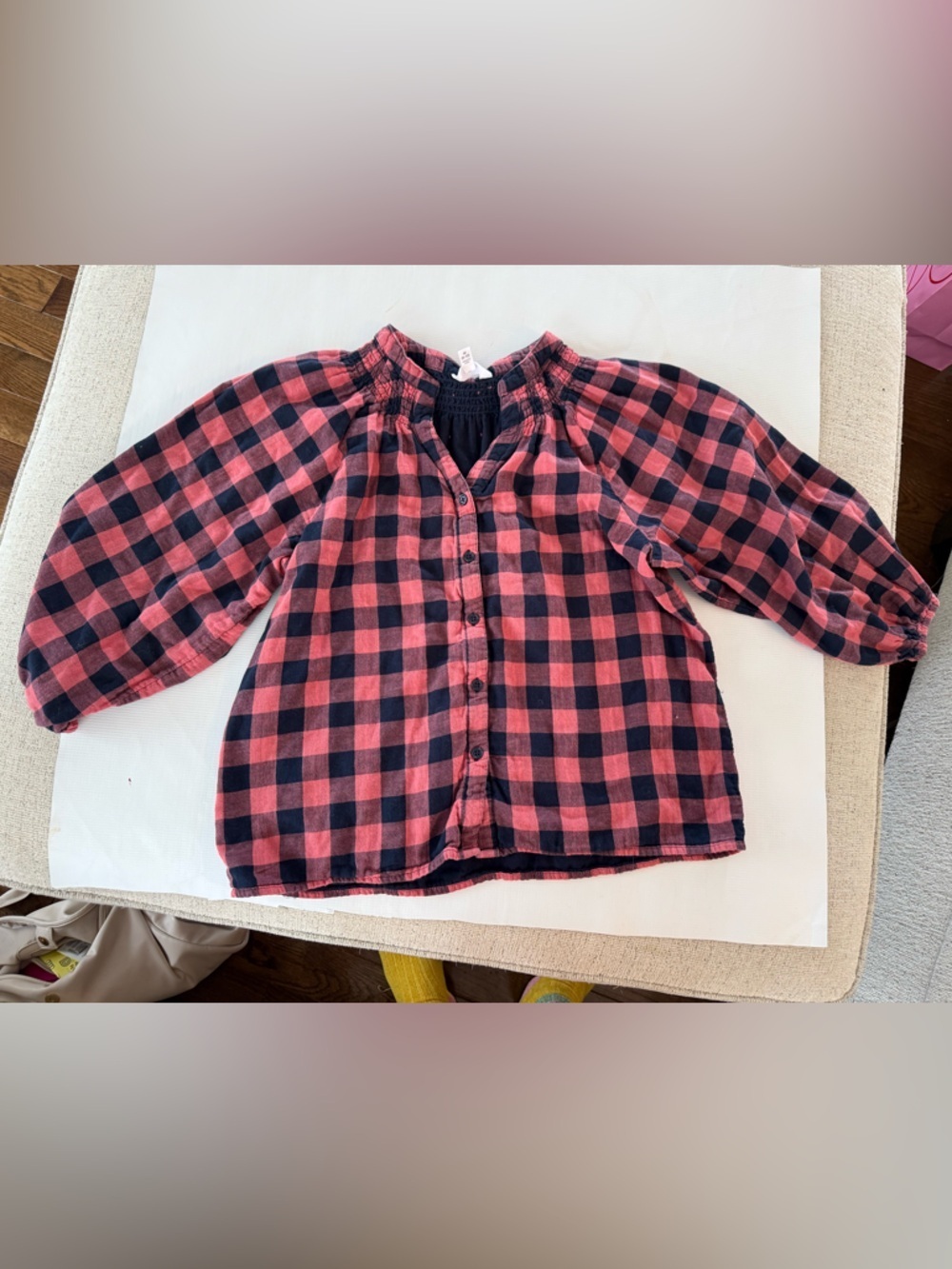 Pink and Black Plaid Button-Front Soft Peasant Blouse medium